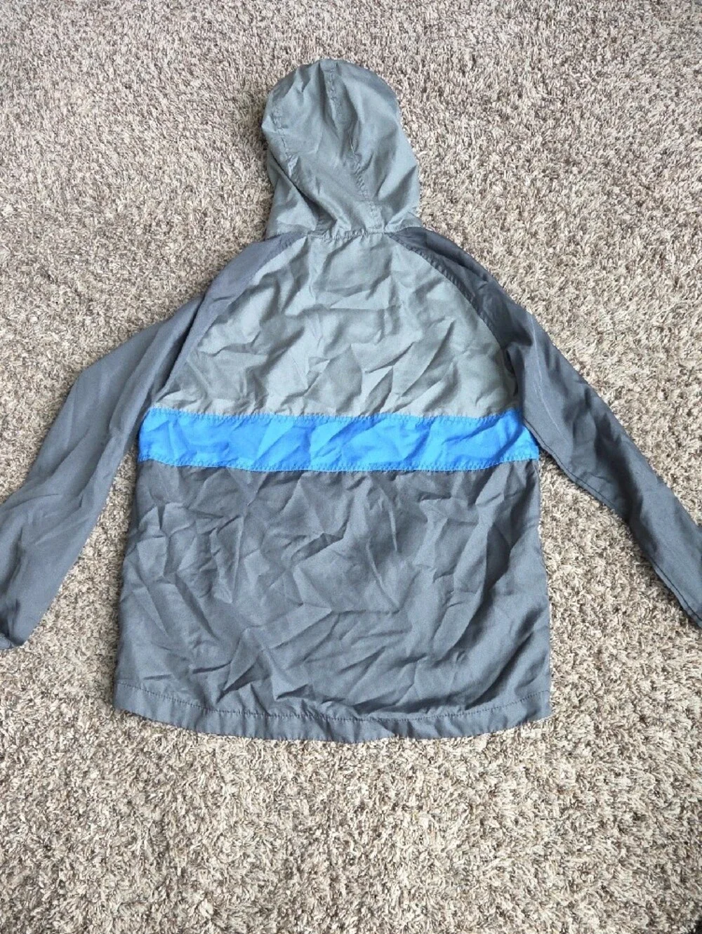 Old Navy Gray Hooded Rain Jacket with Blue Stripe & Orange Accents